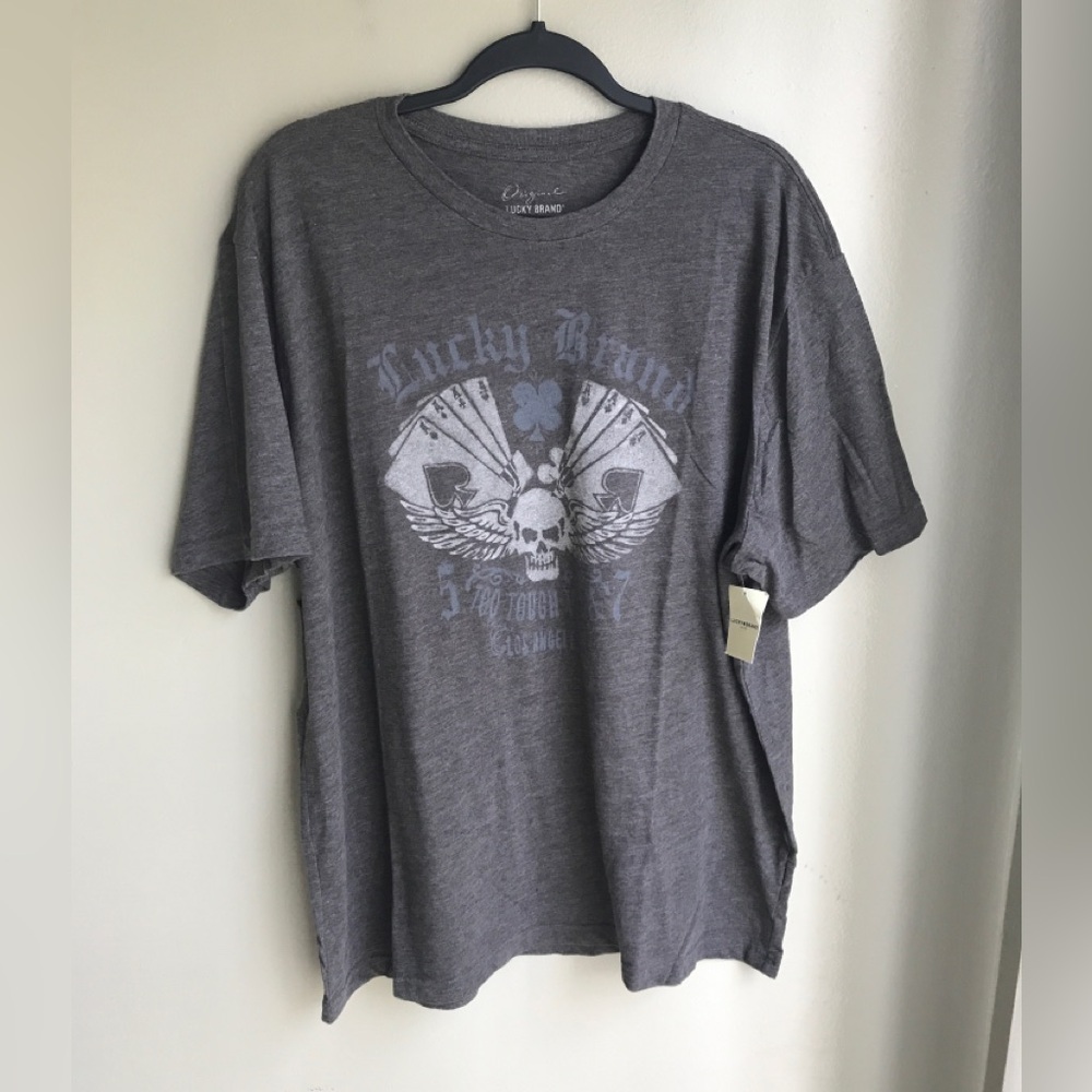 NWT!Lucky Brand Mens Gray Graphic T-Shirt Too Tough To Die Poker Cards Skull XXL